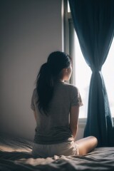 Obraz premium Asian young woman sitting near window contemplating peaceful morning indoors