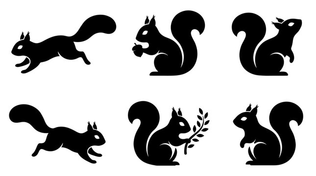 Collection of six black squirrel silhouettes in various poses
