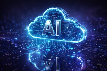 Futuristic AI cloud computing concept with glowing circuit network and data streams. High-tech 3D render symbolizing artificial intelligence, big data, cybersecurity and digital transformation.