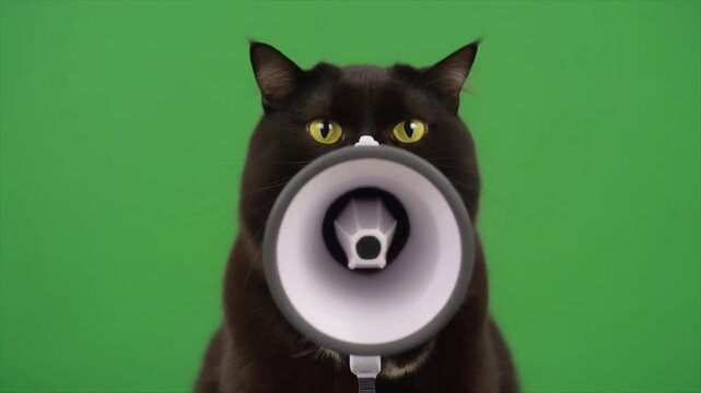 A domestic cat with striking yellow eyes and black fur holds a megaphone to its mouth, creating an amusing scene on a vibrant green background