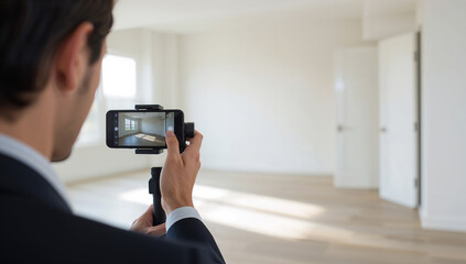 Fototapeta premium Man in suit filming empty room with smartphone on gimbal recording mobile phone