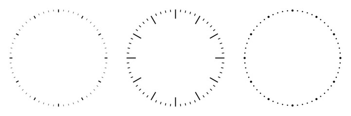 Blank clock face template with hour and minute markers. Analog clock dial with a precise time scale. Collection of clock faces isolated on a transparent background. Vector