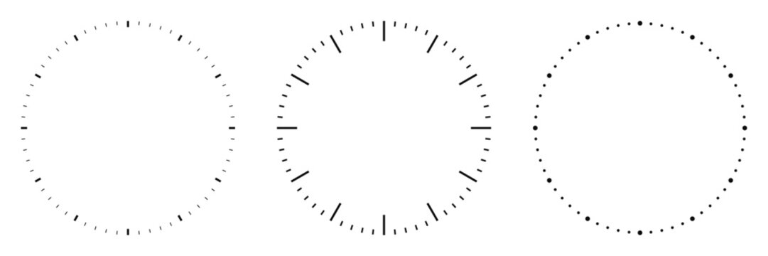 Blank clock face template with hour and minute markers. Analog clock dial with a precise time scale. Collection of clock faces isolated on a transparent background. Vector