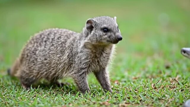 Close-up of a curious young rock hyrax exploring a vibrant green grassy field, showcasing its detailed fur and alert posture in a natural outdoor environment