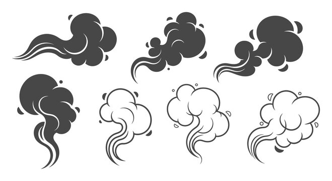 Set of stylized smoke and steam cloud in dark gray and outline styles vapor