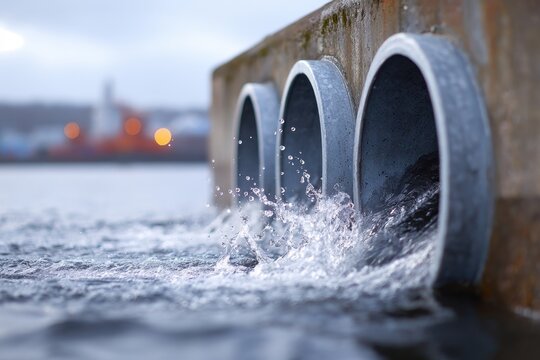 Large metal drainage pipes release water into a body of water, with blurred background elements and soft lighting enhancing the industrial atmosphere