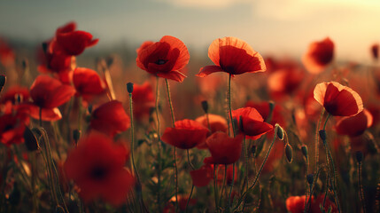 Obraz premium A vivid red poppy field symbolizing remembrance, peace, and summer countryside beauty.