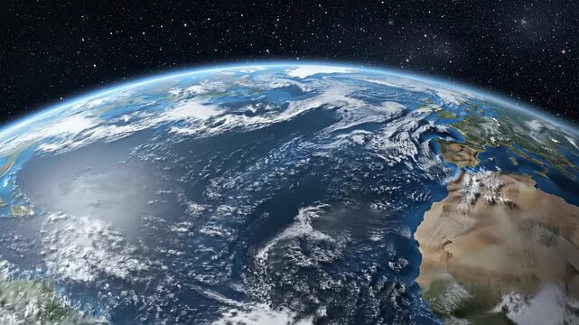 View of planet Earth from space showing continents, oceans, and stars in the background