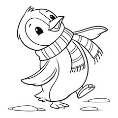 Fototapeta premium Cute cartoon penguin chick wearing a striped winter scarf happily walking outdoors leaving little footprints in the snow drawing outline