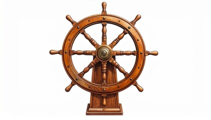 Obraz premium Vintage Wooden Ship’s Wheel Illustration on an Isolated White Background for Nautical, Leadership, and Maritime Navigation Concepts