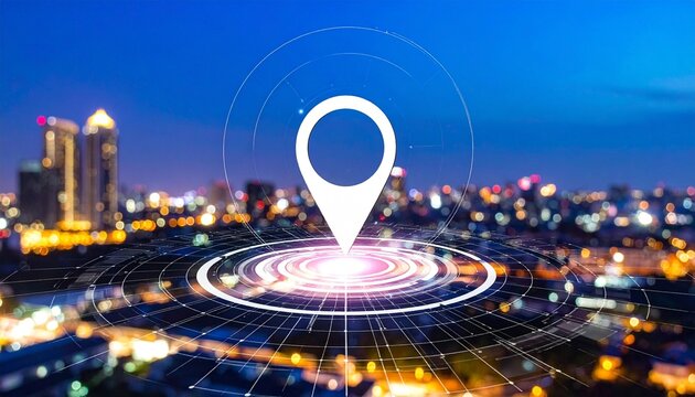 Digital Location Pin Icon over Glowing Map Interface with Futuristic Night City Skyline for GPS, Logistics, and Smart City Technology Concept