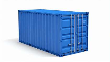 Single Blue Metal Cargo Shipping Container Isolated on White Background for Logistics, International Trade, and Freight Transport Concept
