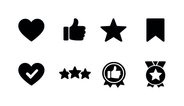 Like and favorite icons. Filled icon set of Like and favorite icons: heart, thumbs up, star, bookmark, favorite check,