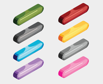 Vector set of isometric 3D glossy buttons or pill-shaped capsules. Colorful web elements and UI assets in green, red, blue, and pink isolated on light background for app and game design.