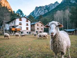 Sheep standing in pasture with herd grazing