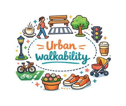 Urban walkability. Hand drawn illustration of Urban walkability. sidewalks, trees, benches, pedestrians, crosswalk, bike