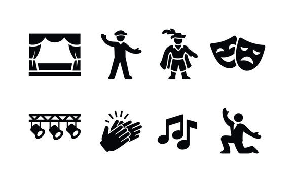 Stage performance arts. Filled icon set of Stage performance arts: live stage, actor gesture, theatrical costume,
