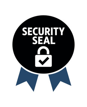 Flat vector ribbon badge SECURITY SEAL simple white lock with checkmark two ribbon below circle