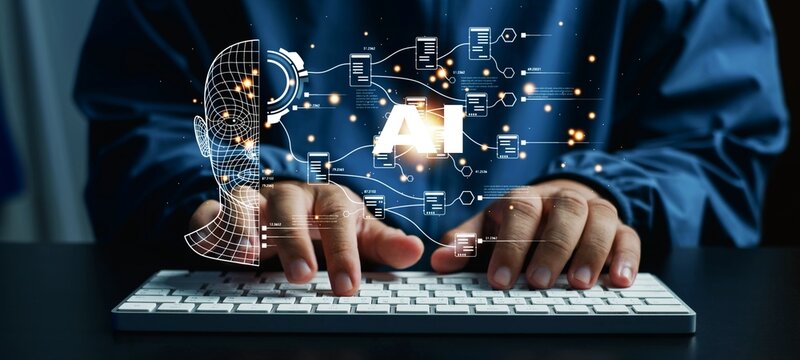 Person coding on a laptop bright glowing flowchart above keyboard Data streams connection visualization planning strategy system data analysis marketing flowchart algorithm laptop business concept
