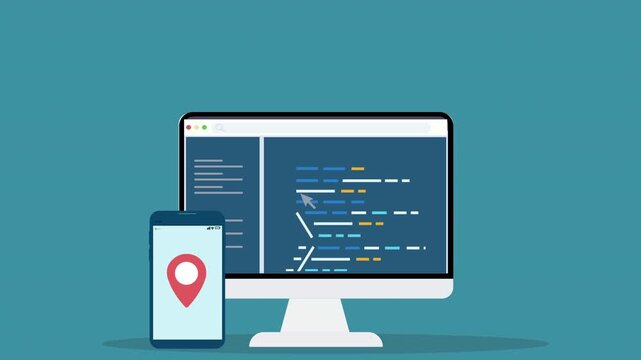 Animated computer screen displaying programming code alongside a mobile navigation application, representing software development, location technology, and digital innovation.

