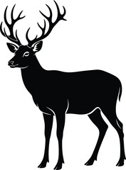 Fototapeta premium Black silhouette of deer with antlers standing in profile, wildlife vector illustration, nature design, animal theme, forest concept