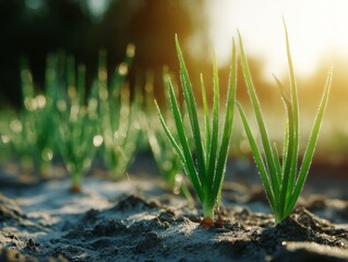 Green onion plants growing in fertile soil at sunset