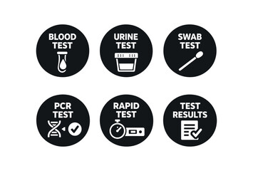 Fototapeta premium six separate flat vector badges badge solid black circle with the text consistent style and size badge texts and : BLOOD TEST with blood droplet test tube icon URINE TEST with sample cup