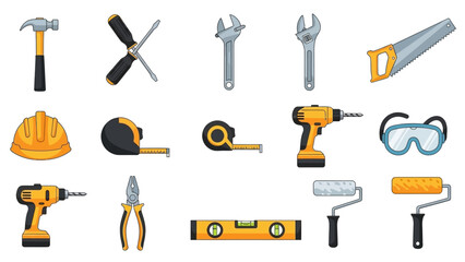 Collection of construction and DIY tools on a white background.