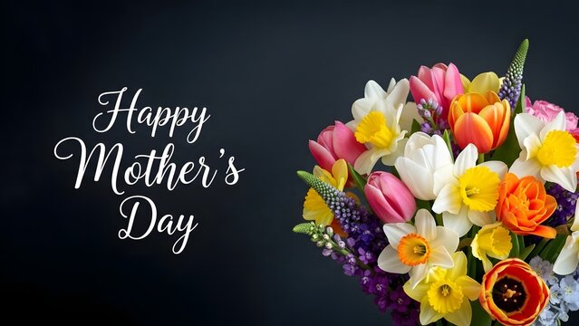 A beautiful bouquet of spring flowers with a happy mothers day chalkboard message