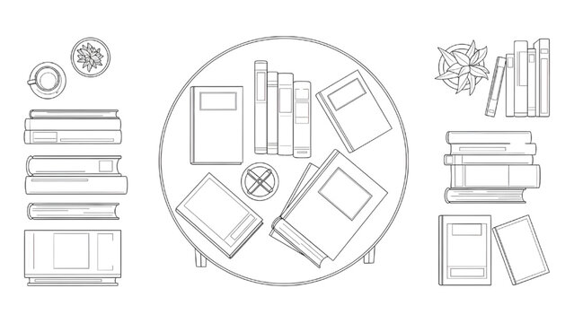 Round Coffee Table with Books Top View Plan Outline Vector Set for Interior Layout Design