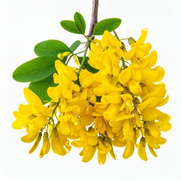 Golden shower of yellow laburnum flowers with leaves on white background