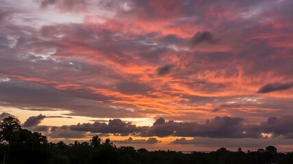 Obraz premium Tropical Sunset Sky with Fiery Orange and Purple Clouds Over Lush Forest