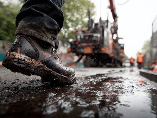 Dirty working boot standing in crude oil spill
