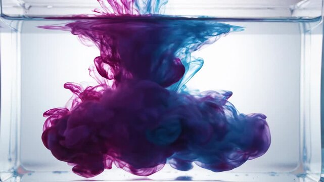 Vibrant blue and purple ink clouds swirling and mixing in clear water inside a glass container