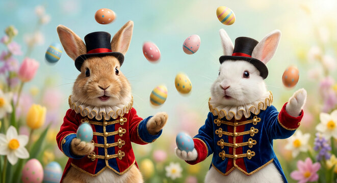 Ester rabbit : Two cute rabbits dressed in ornate blue and red royal military uniforms celebrating Easter with colorful eggs.