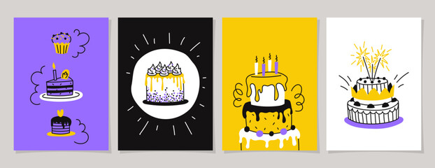 Set of greeting cards, invitations, posters, covers and labels. Happy Birthday. Vector linear hand drawn illustration © Olena