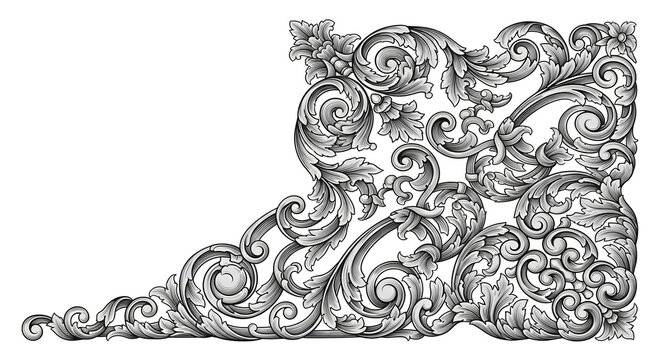 An intricate black and white illustration of ornate floral patterns and swirling designs
