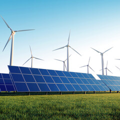 Solar panels and wind turbines on a green grass field under a clear blue sky, concept for renewable energy and sustainable future.