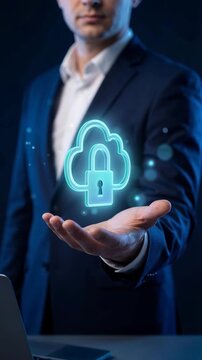 Businessman Holding Cloud and Padlock Hologram Representing Cloud Security Protection, Data Encryption, Secure Online Storage, Cyber Defense System, Digital Infrastructure Safety, Vertical video