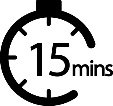 15 Minutes timers clock. Time measure. Chronometer vector icon black isolated on white background.