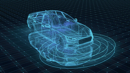 Blue wireframe of a modern car with radar sensor waves on a digital grid background, autonomous driving and smart vehicle technology concept. © AAUB