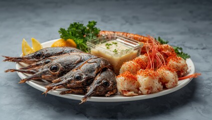 Fresh Seafood Platter Served on a White Plate With Lemon and Sauce in a Restaurant Setting