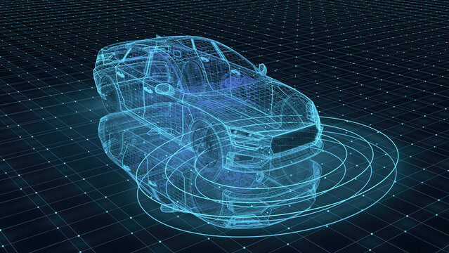Blue wireframe of a modern car with radar sensor waves on a digital grid background, autonomous driving and smart vehicle technology concept.