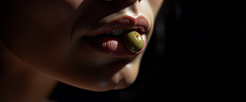 Woman holding olive in mouth while in semi-darkness, concept of Imsak  