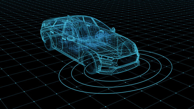 Blue wireframe of a modern car with radar sensor waves on a digital grid background, autonomous driving and smart vehicle technology concept.