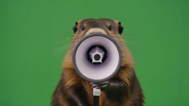 An alert groundhog bellows into a megaphone, announcing important news with a loud voice against a vibrant green studio backdrop, captured in high definition