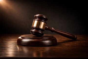 Obraz premium 裁判官の木槌（ガベル）と台座、ドラマチックなライティング、法律と正義のイメージ