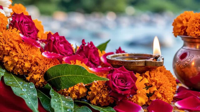 Traditional Diwali celebration with colorful flowers and glowing diya on decorative arrangement. Diwali setup features vibrant marigold and rose petals, symbolizing prosperity and joy.