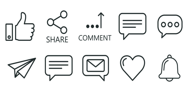Digital Social Media Engagement Communication Icons Like Share Comment Message Notification Heart Send Modern UI UX