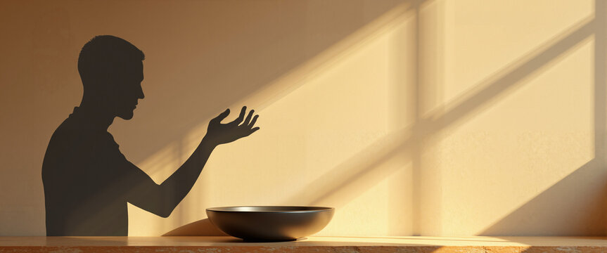 Shadow of a man gesturing near a bowl in warm light concept of Imsak